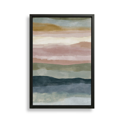 The image is a framed abstract painting with a gradient of colors, including shades of green, blue, and pink. The painting is displayed on a white wall.