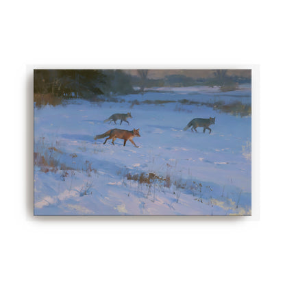 three foxes walking through a snowy field.