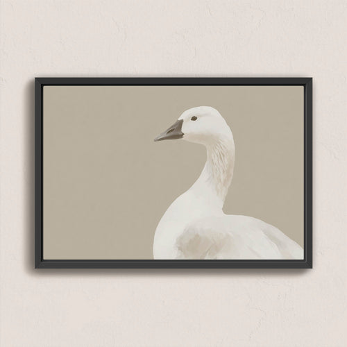Grace Canvas Print featuring a minimalist white bird on beige background in a black frame