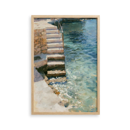a serene scene of a stone staircase leading down to a body of water, with the water appearing to be a light blue color.