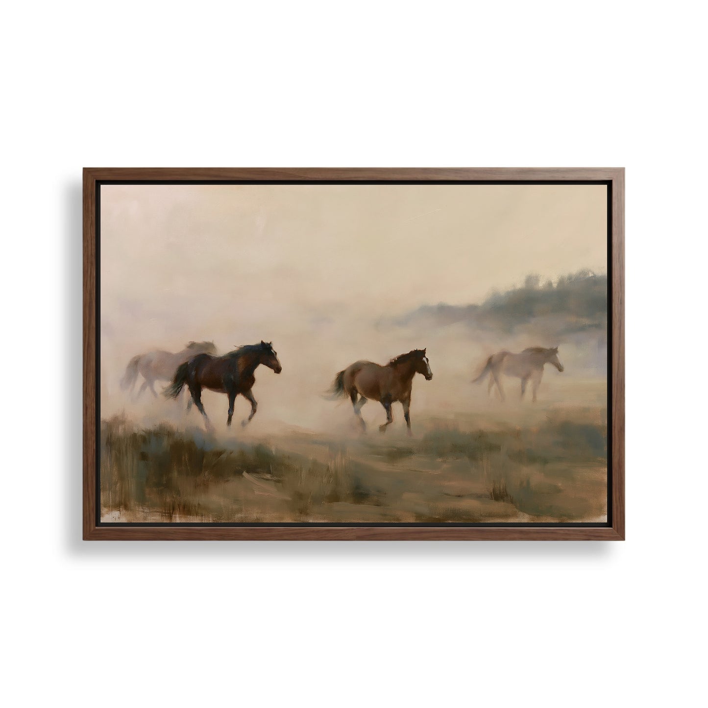 a group of horses running across a field, with a hazy, atmospheric background.