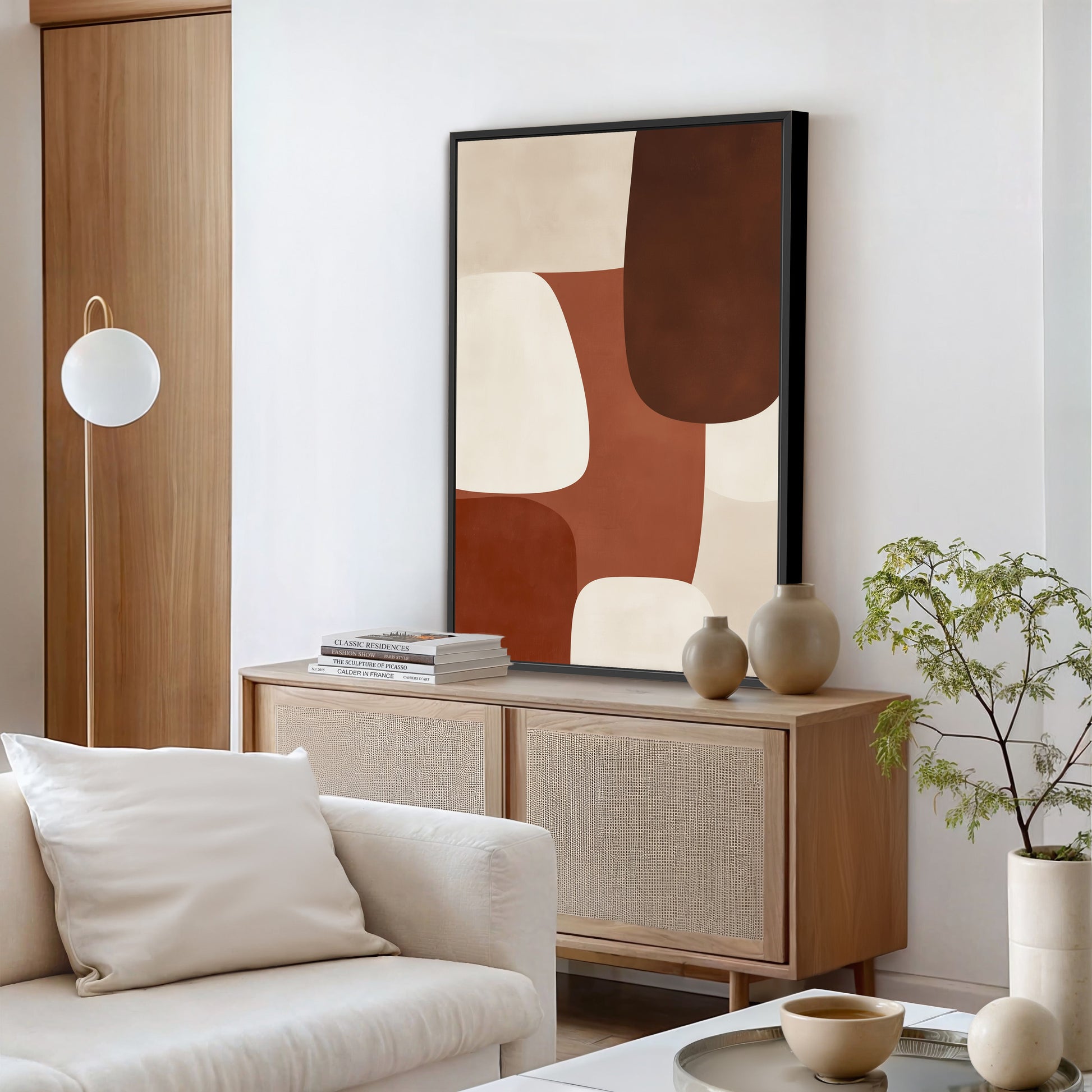 Abstract Formation canvas print with sienna, ivory, and espresso shapes in modern earthy tones on gallery-wrapped frame