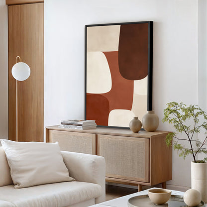 Abstract Formation canvas print with sienna, ivory, and espresso shapes in modern earthy tones on gallery-wrapped frame