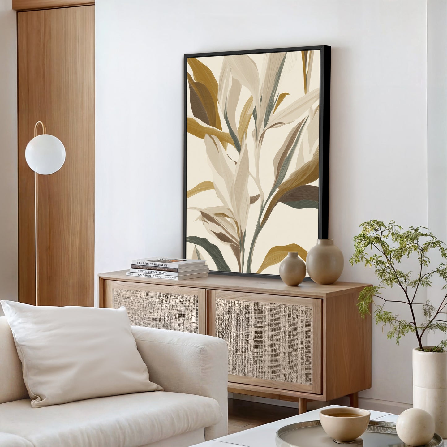Lilt Canvas Print featuring earthy gold and muted sage botanical leaves in a black frame displayed in a minimalist living room