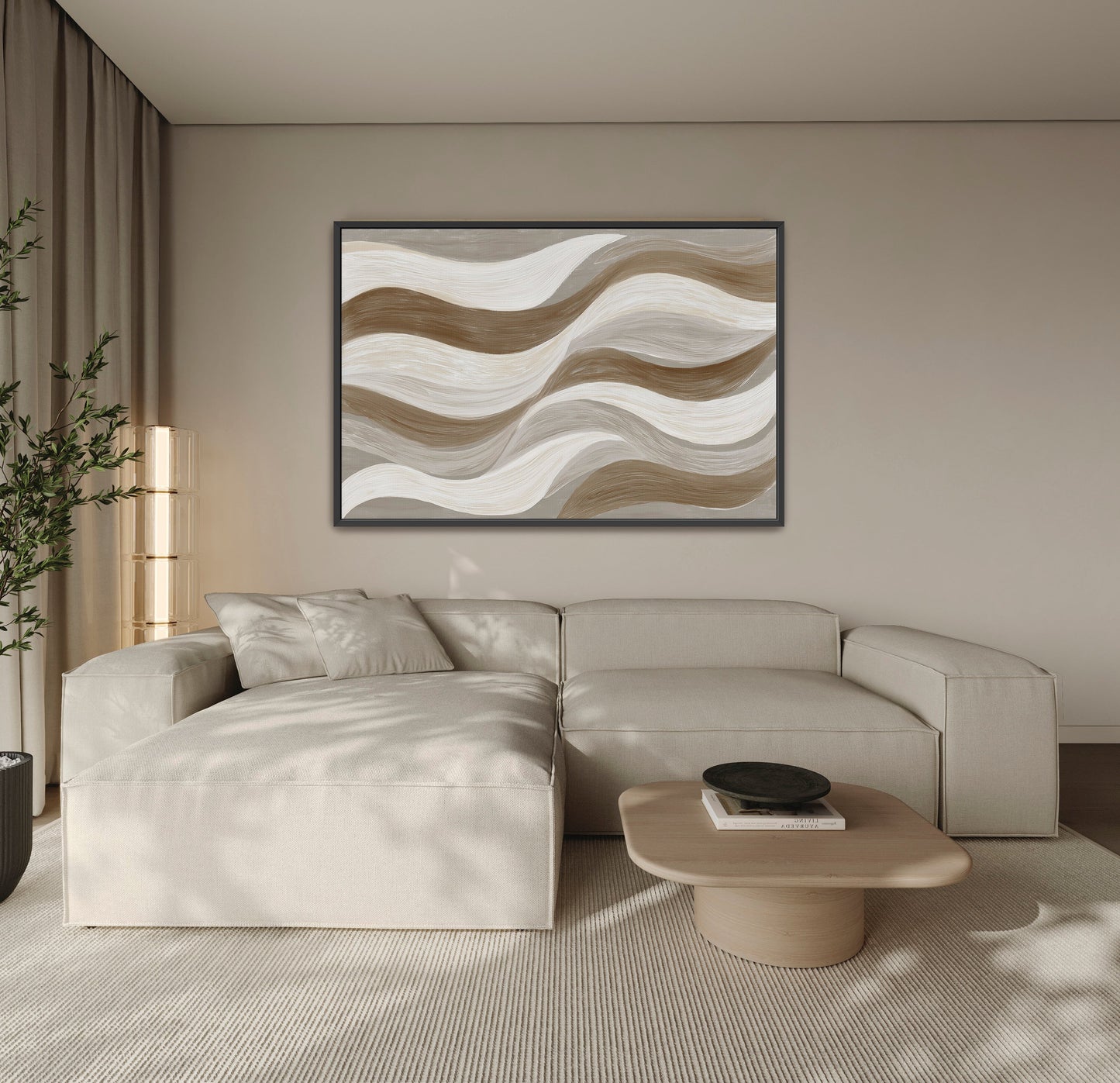 Abstract Flux Canvas Print with cream, taupe, and clay swirling brushstrokes in a modern living room setting