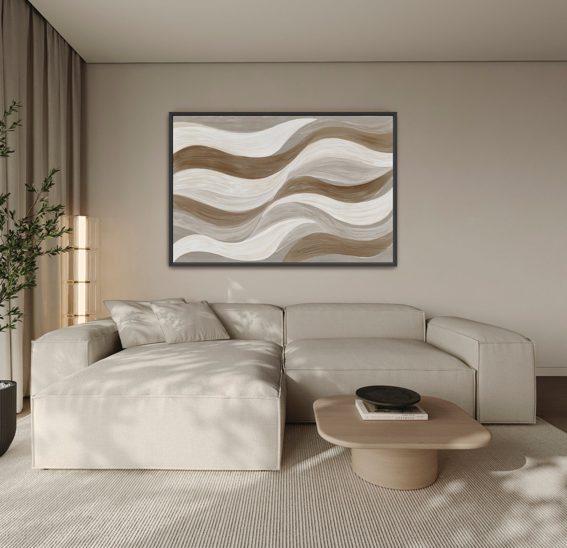 Abstract Flux Canvas Print with cream, taupe, and clay swirling brushstrokes in a modern living room setting
