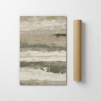 a large abstract painting with a muted color palette of gray, white, and beige, depicting a landscape scene.