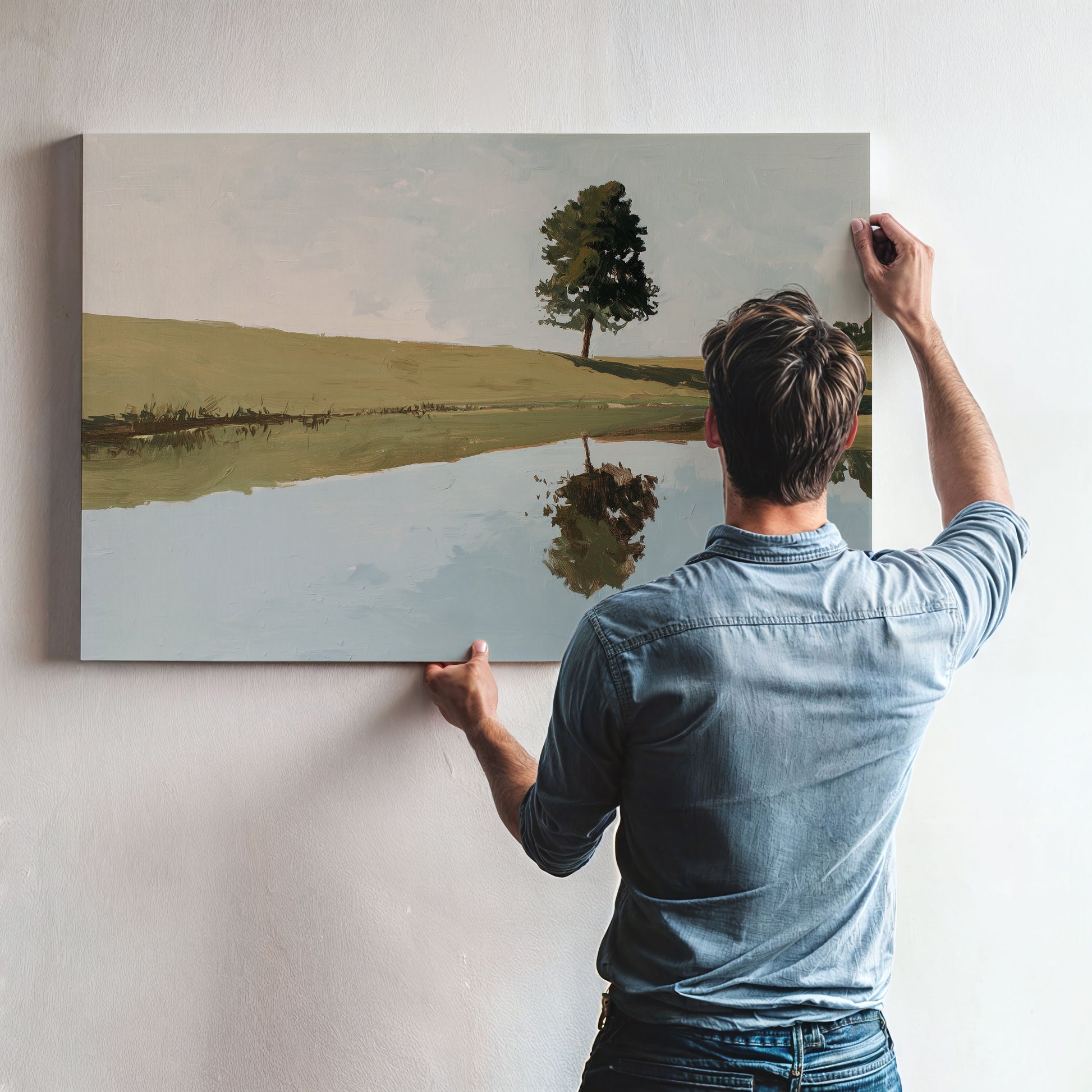 A man is hanging a painting on a wall, which depicts a serene landscape with a tree and a body of water.