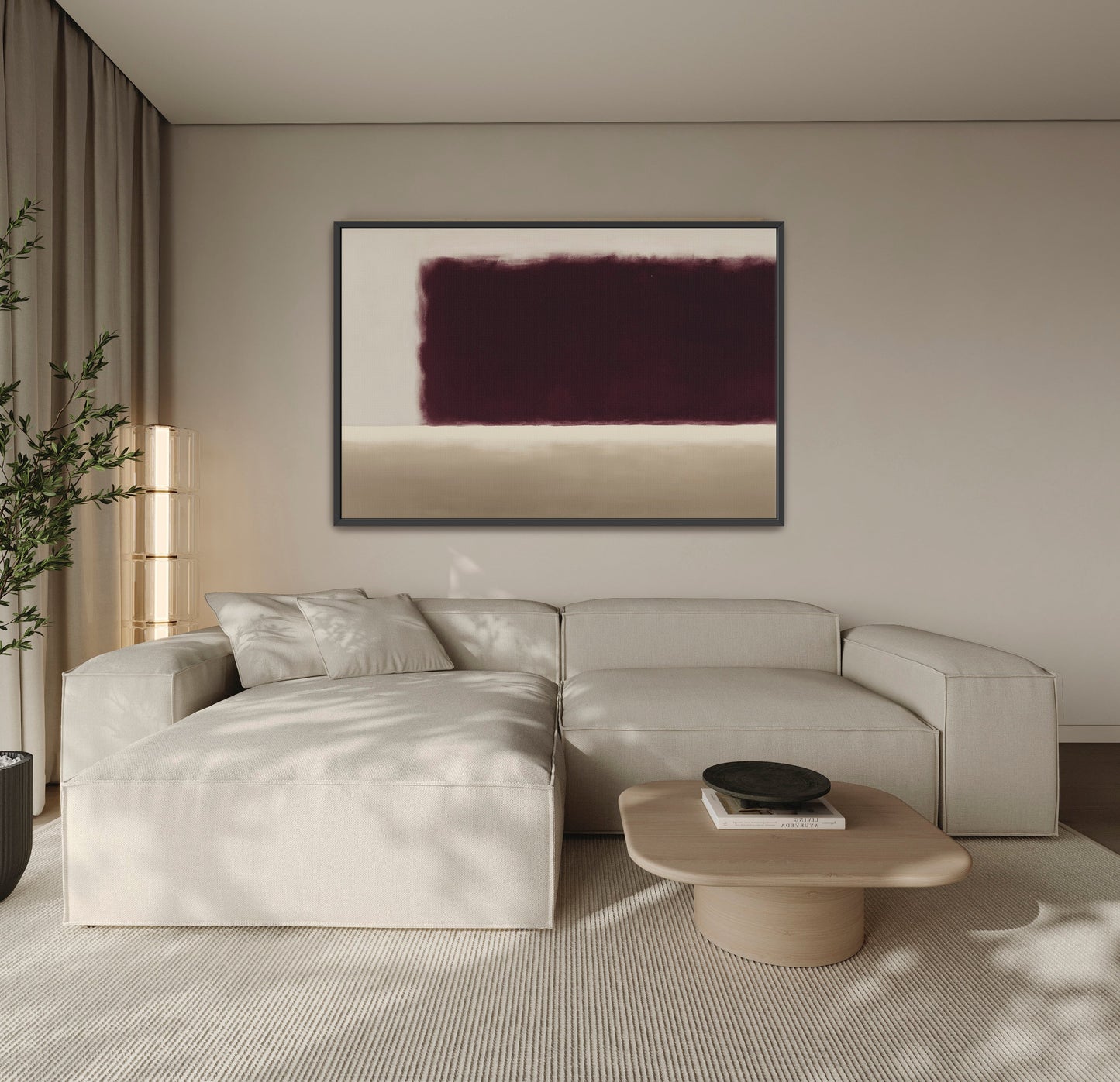 Threshold canvas wall art with deep burgundy and soft ivory abstract design above beige sectional sofa in modern living room