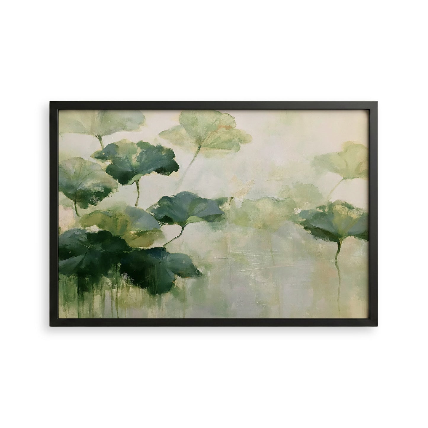 The image is a framed painting depicting a lush, green landscape with a variety of leaves and foliage.