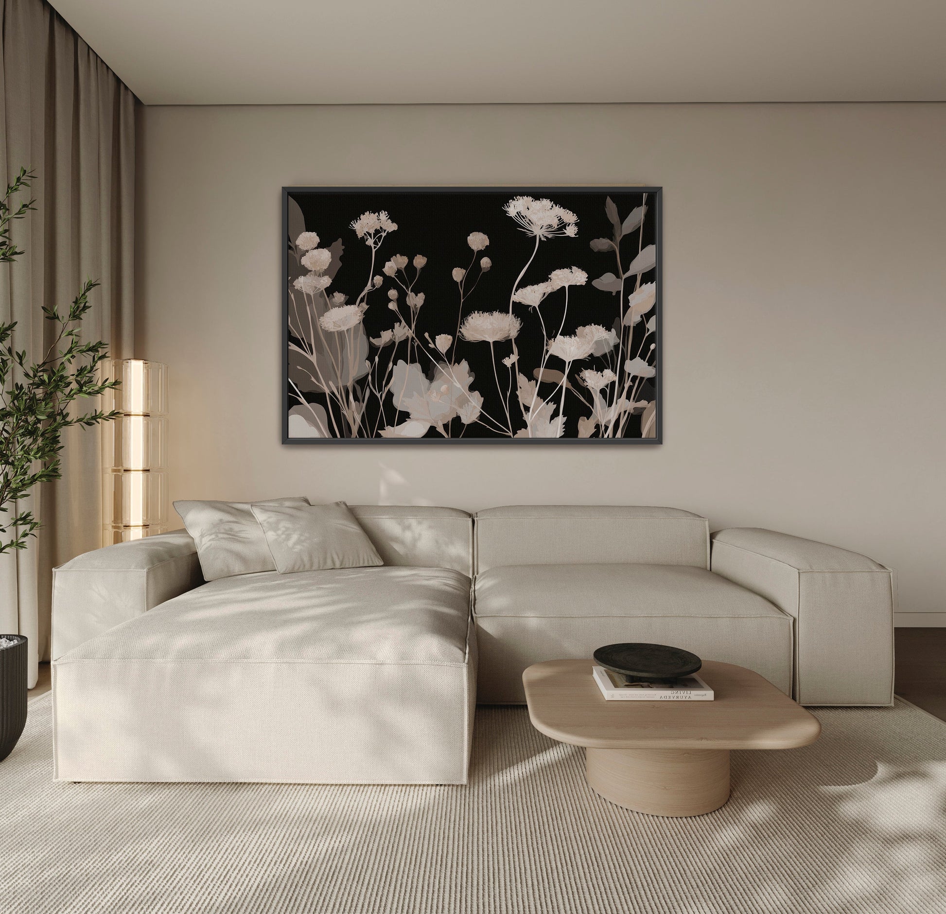 Shadow Bloom Canvas Art featuring neutral wildflowers on black background in modern living room setting