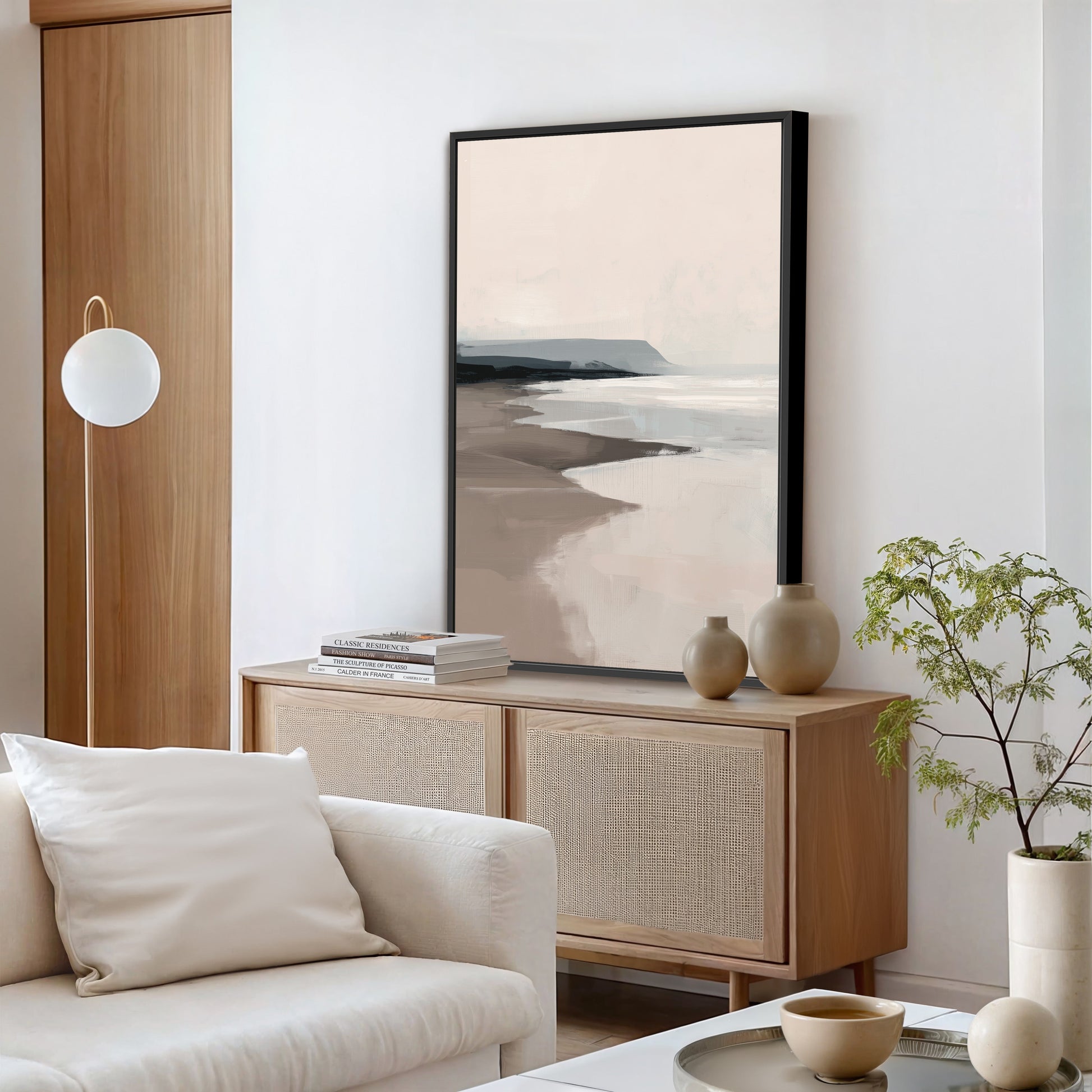 Mel Canvas Print serene beige and gray coastal seascape artwork in modern living room