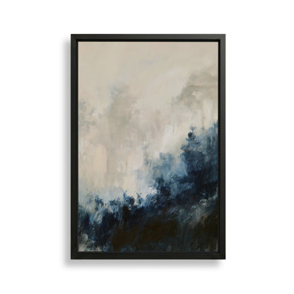 The image is an abstract painting with a predominantly blue and white color palette, featuring a landscape scene with trees and clouds.