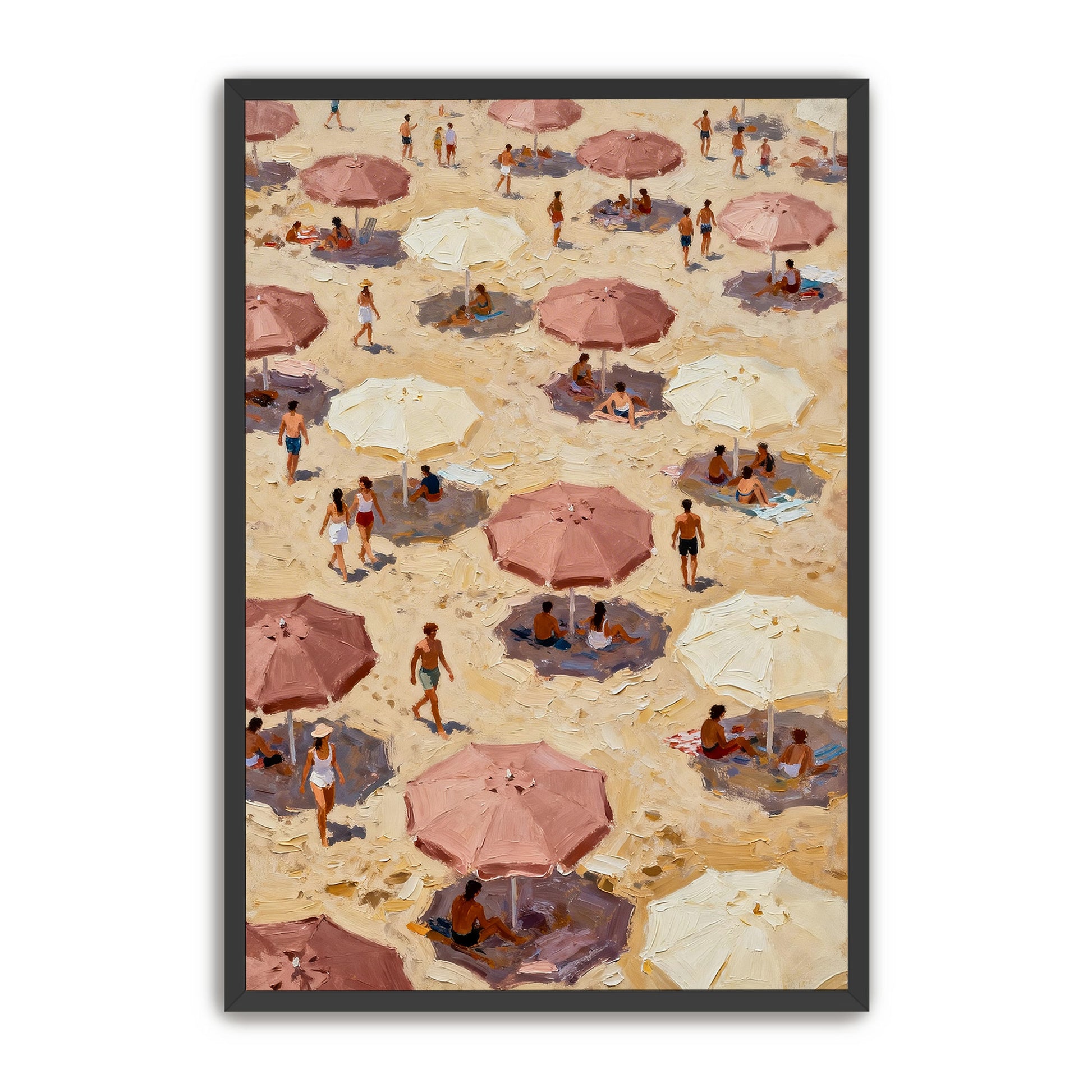 The image is a painting depicting a crowded beach scene with numerous people and umbrellas.