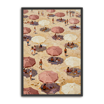The image is a painting depicting a crowded beach scene with numerous people and umbrellas.