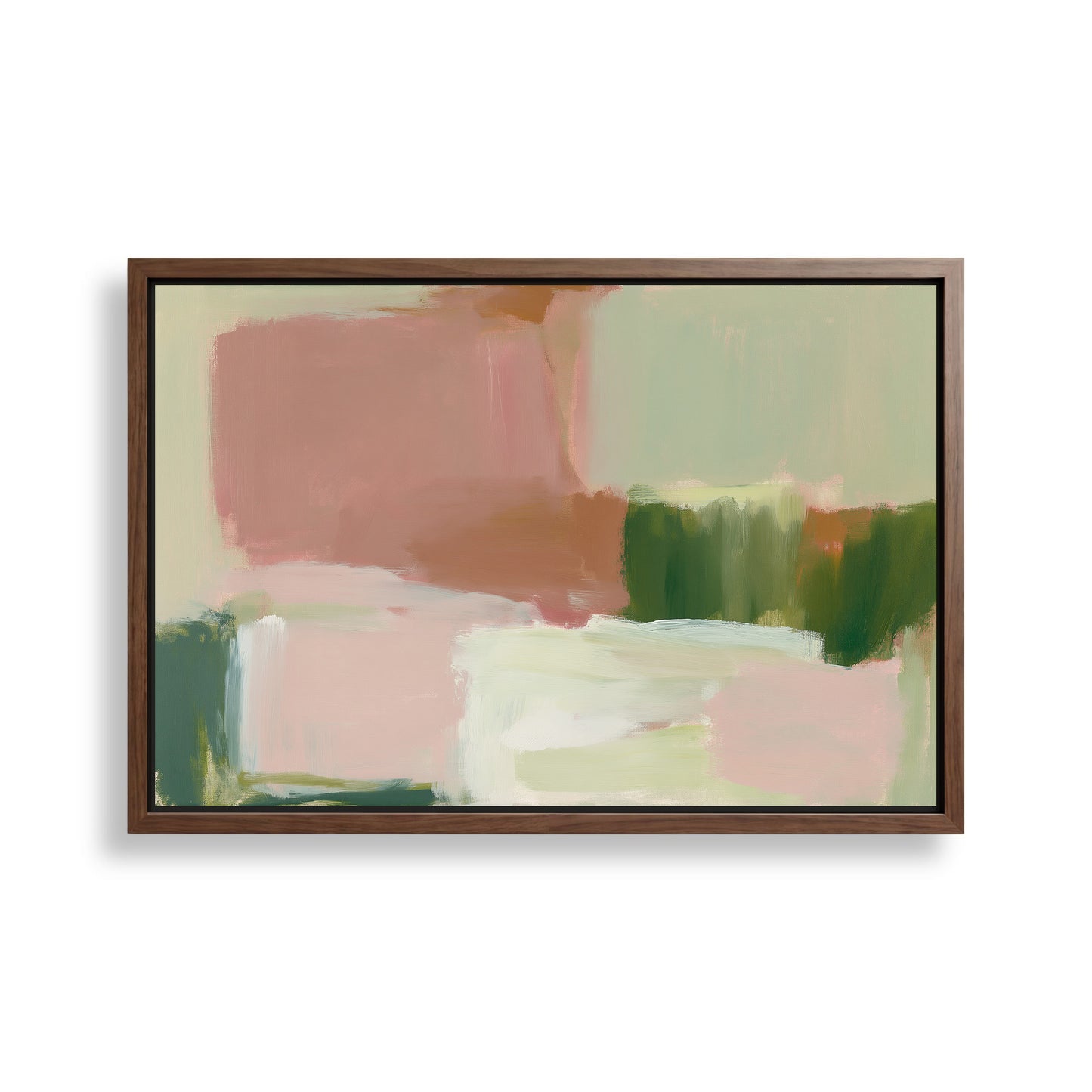 The image is an abstract painting with a mix of pink, green, and white colors.
