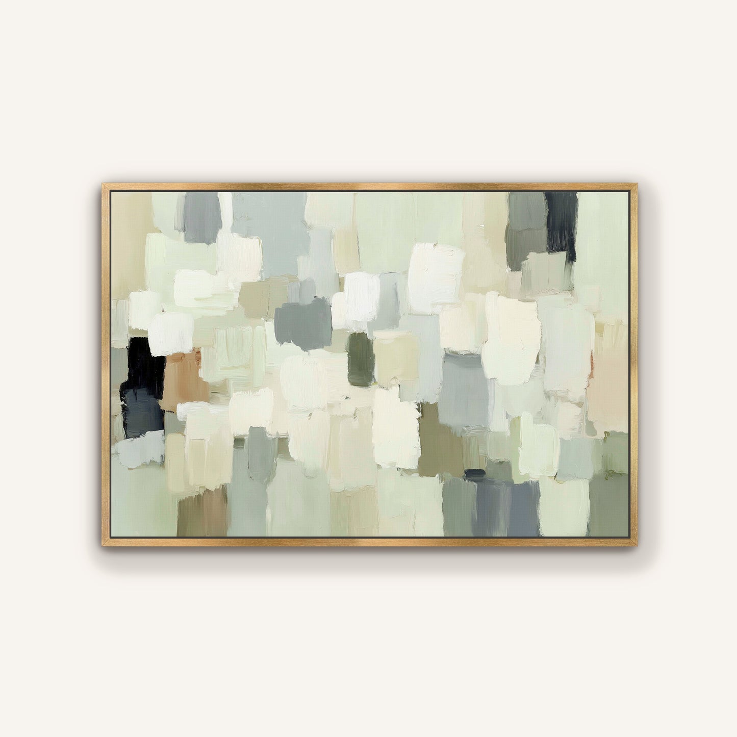 The image is a large abstract painting with a predominantly white and gray color palette. The painting features various shades of gray and white, creating a sense of depth and texture. The artwork is framed and displayed on a wall, showcasing its artistic composition and design.