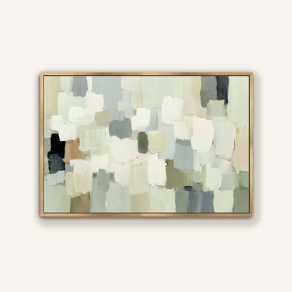 The image is a large abstract painting with a predominantly white and gray color palette. The painting features various shades of gray and white, creating a sense of depth and texture. The artwork is framed and displayed on a wall, showcasing its artistic composition and design.