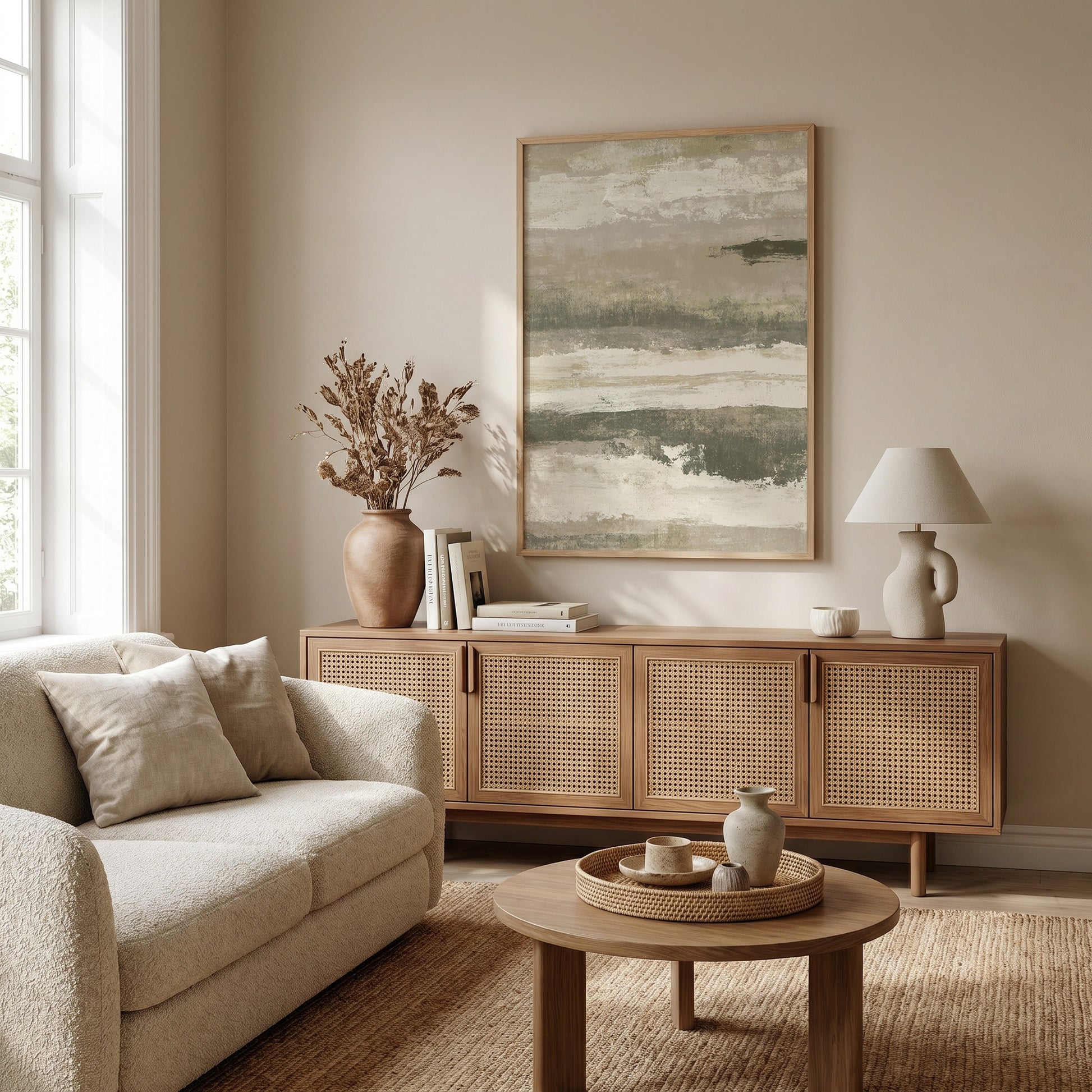 a cozy living room with a beige sofa, a wooden sideboard, and a large abstract painting on the wall. The room has a warm and inviting atmosphere, with natural light coming in from a window and a lamp providing additional lighting.