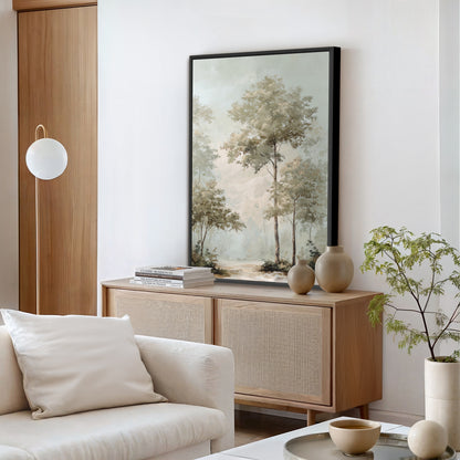 a serene living room with a large painting of trees hanging on the wall above a wooden cabinet. The room is furnished with a white sofa, a coffee table, and a potted plant. The overall decor has a minimalist and modern style, with a focus on natural elements and neutral colors.