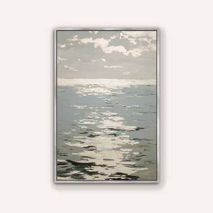 The image is a painting depicting a serene ocean scene with a cloudy sky above.