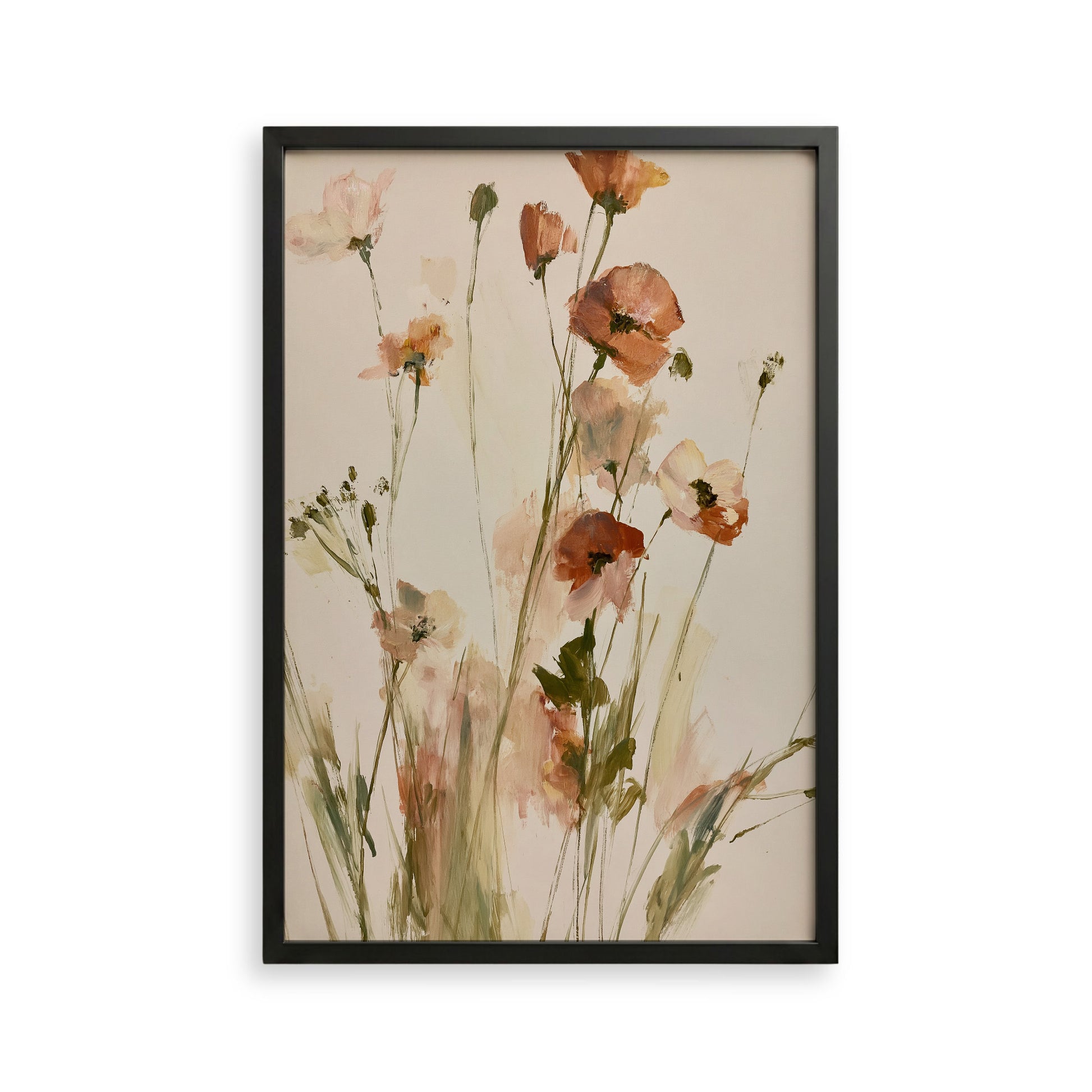 The image is a framed painting depicting a field of flowers with various shades of pink and orange.