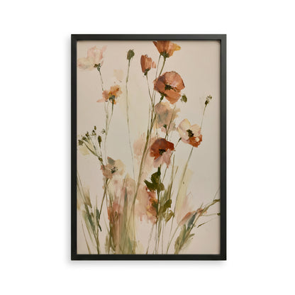 The image is a framed painting depicting a field of flowers with various shades of pink and orange.