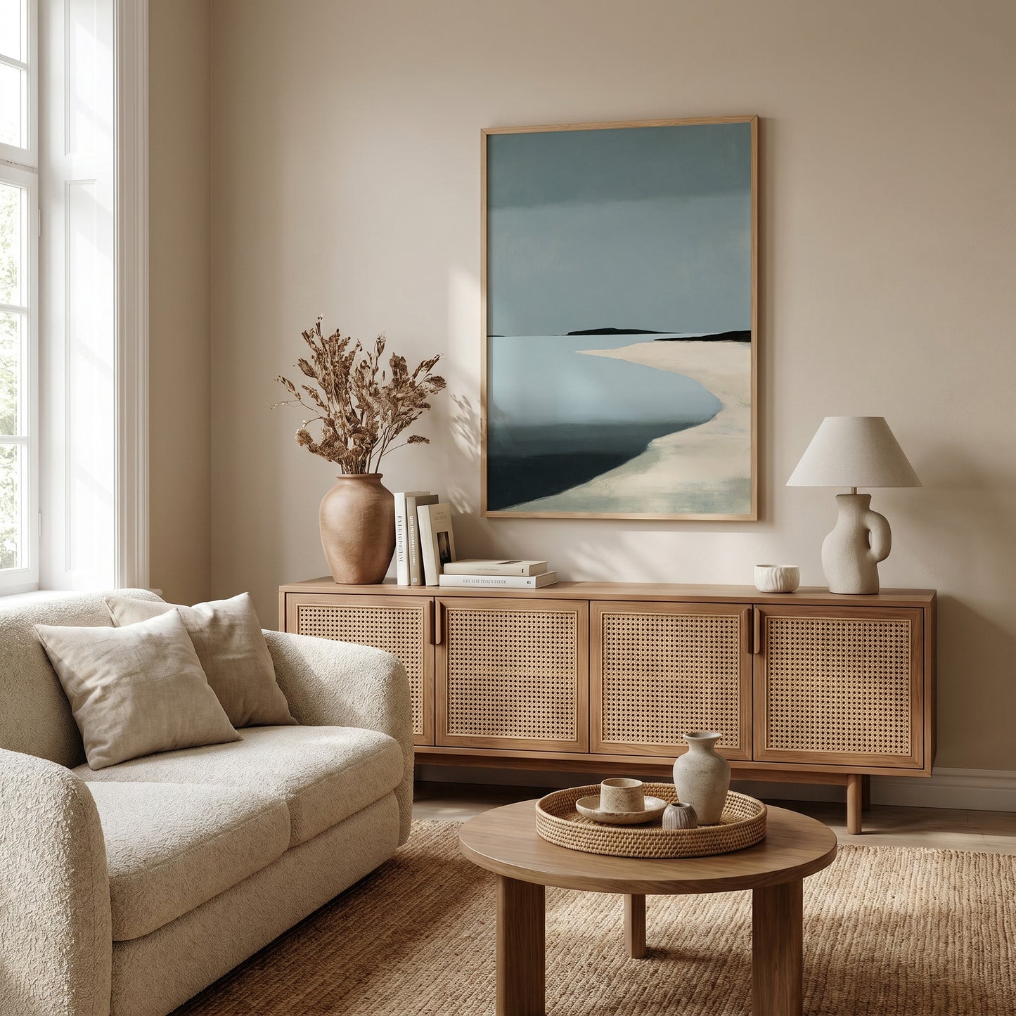 a cozy living room with a beige sofa, a wooden sideboard, and a framed artwork of a beach scene. The room has a neutral color palette and features a large window that allows natural light to fill the space.