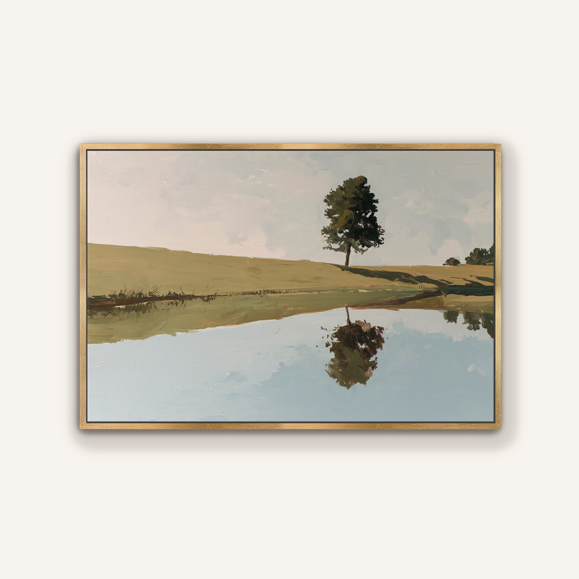 The image is a painting of a tree reflected in a calm body of water, creating a serene and peaceful landscape.