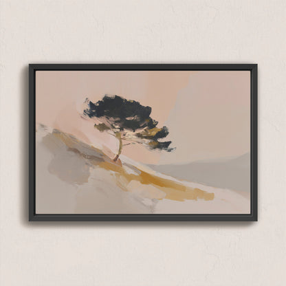 Arbor Canvas Wall Art featuring a lone pine tree on a sunlit hillside with warm neutral tones in a black frame