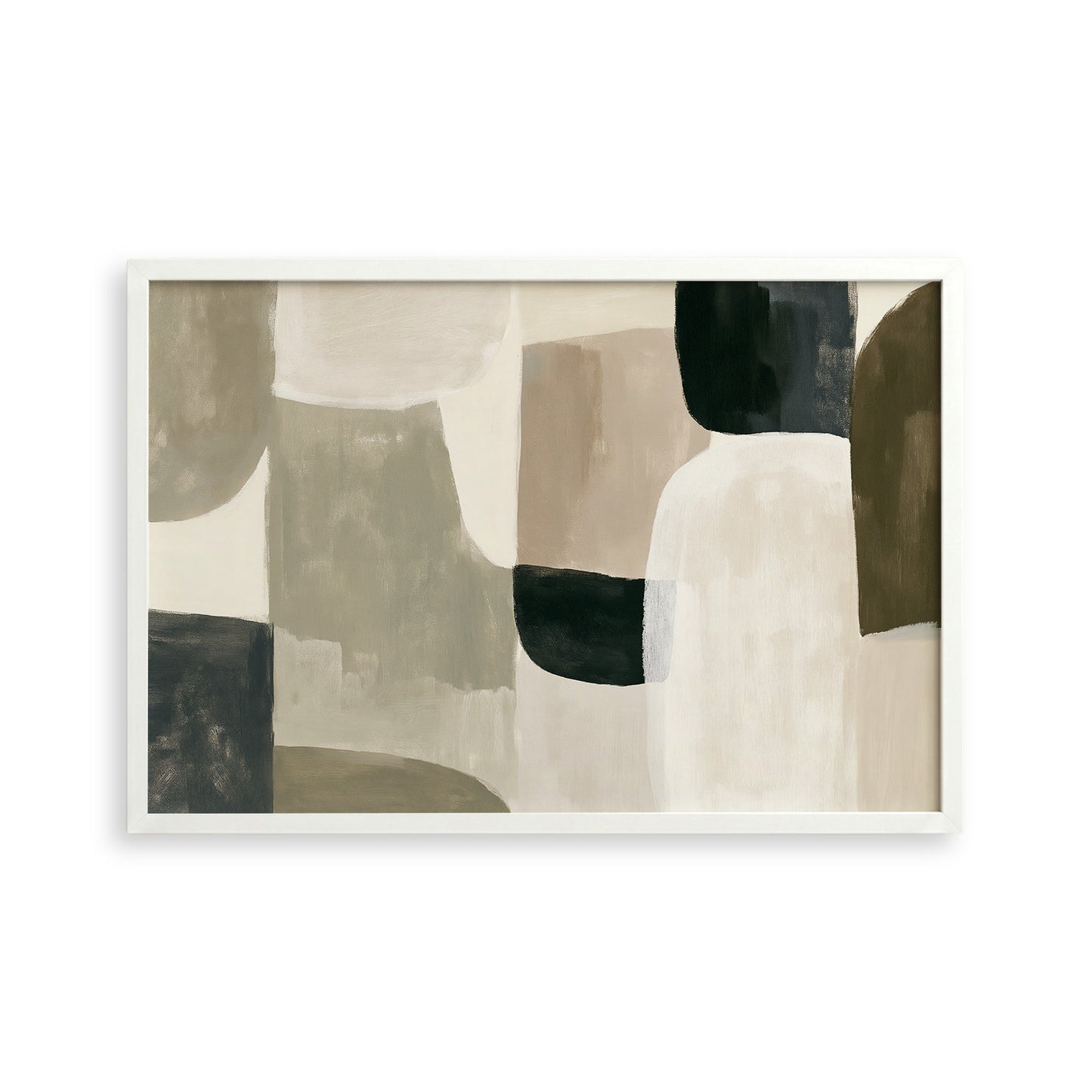 The image is a framed abstract art piece featuring a variety of shapes and colors, including shades of brown, gray, and black.