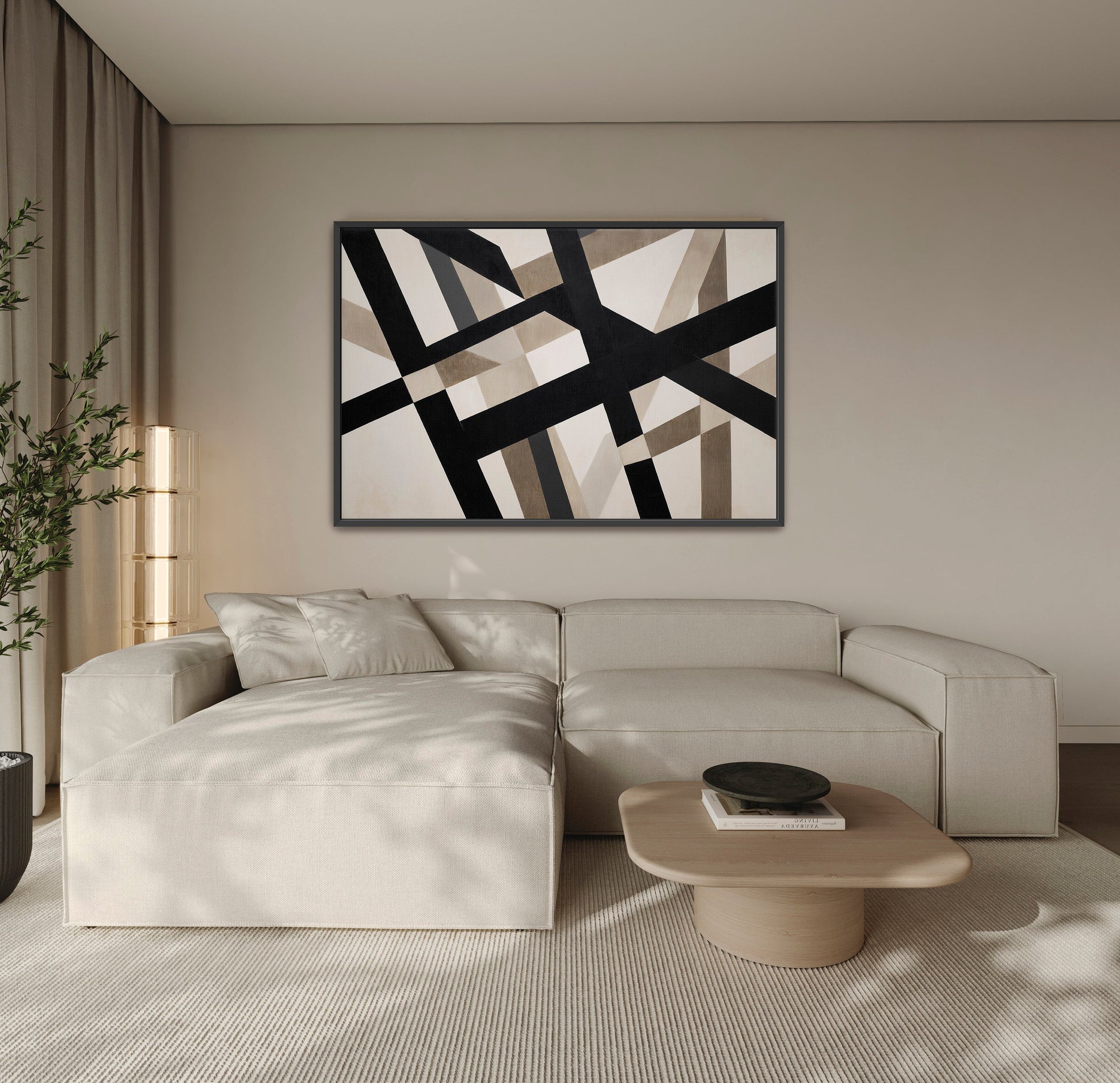 Axis canvas print with bold geometric lines in neutral tones above modern beige sofa in minimalist living room