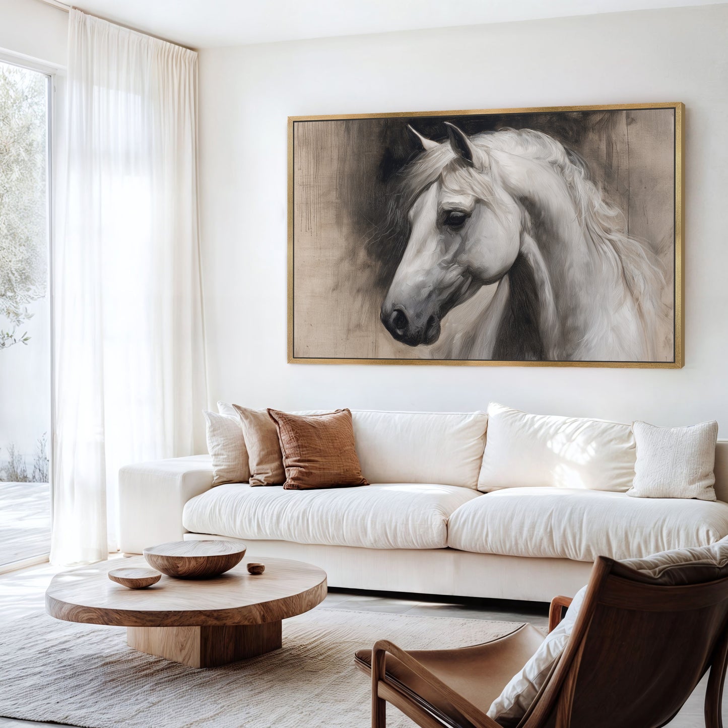 a living room with a large white sofa, a wooden coffee table, and a framed painting of a horse's head on the wall.