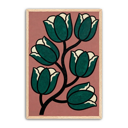 The image is a framed painting depicting a stylized arrangement of green tulips with white centers against a pink background.