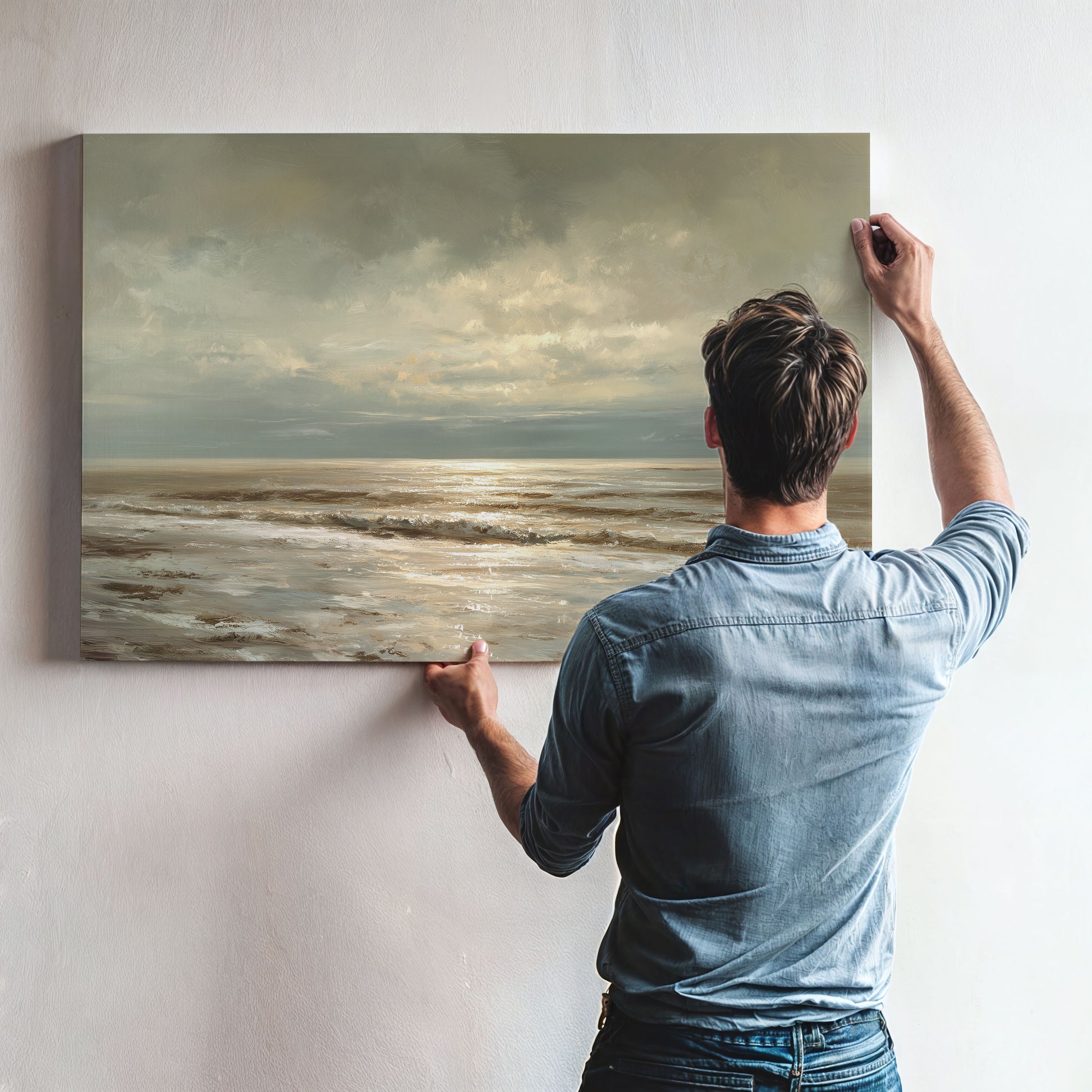 A man hangs a large painting of a serene ocean scene on a wall.