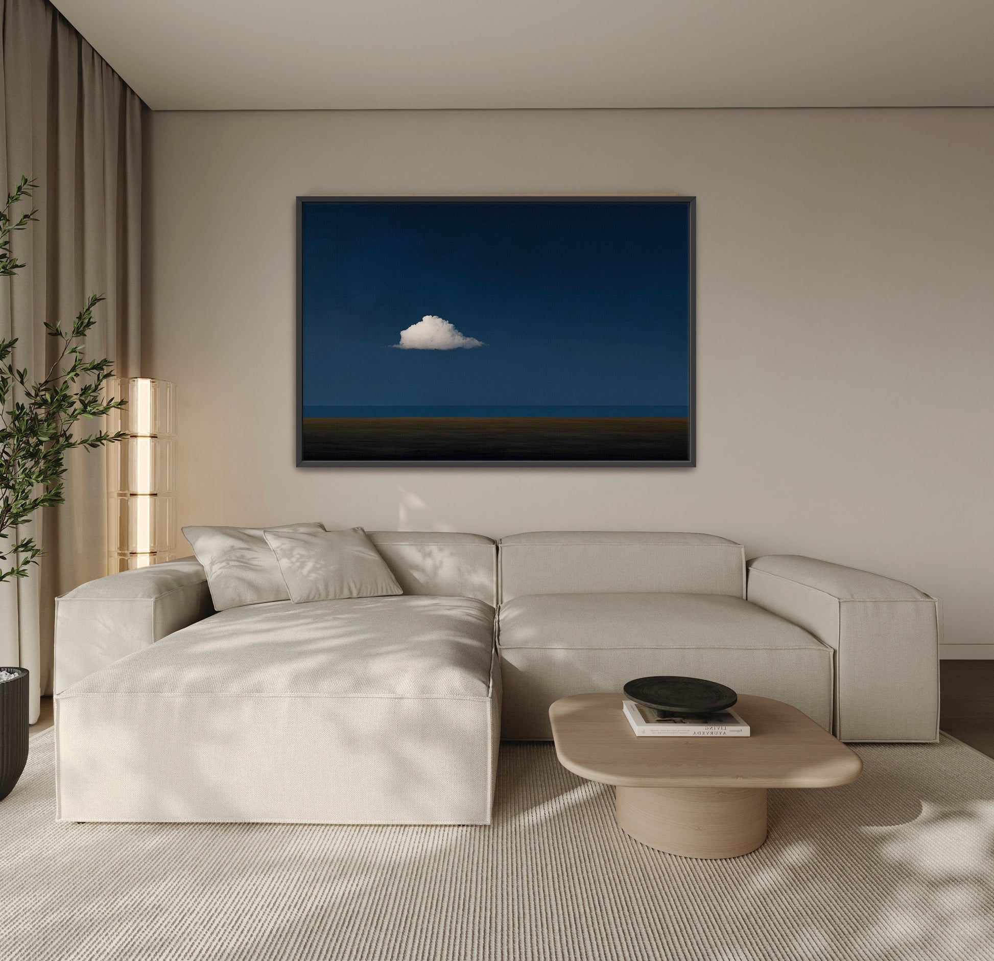 Nimbus canvas print of solitary white cloud over midnight blue horizon in modern living room