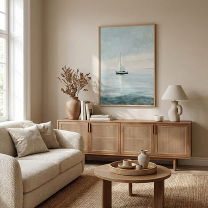 a serene living room with a large painting of a sailboat on the wall, a wooden cabinet with woven doors, a beige sofa, a round coffee table, and a vase with dried flowers.