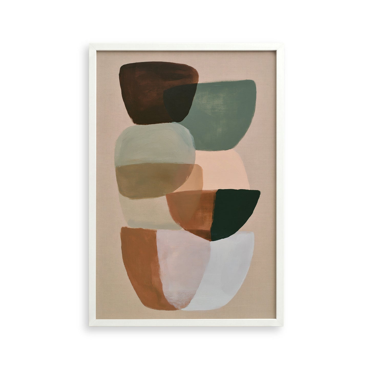 The image is a framed abstract art piece featuring a variety of shapes and colors, including shades of brown, green, and white.