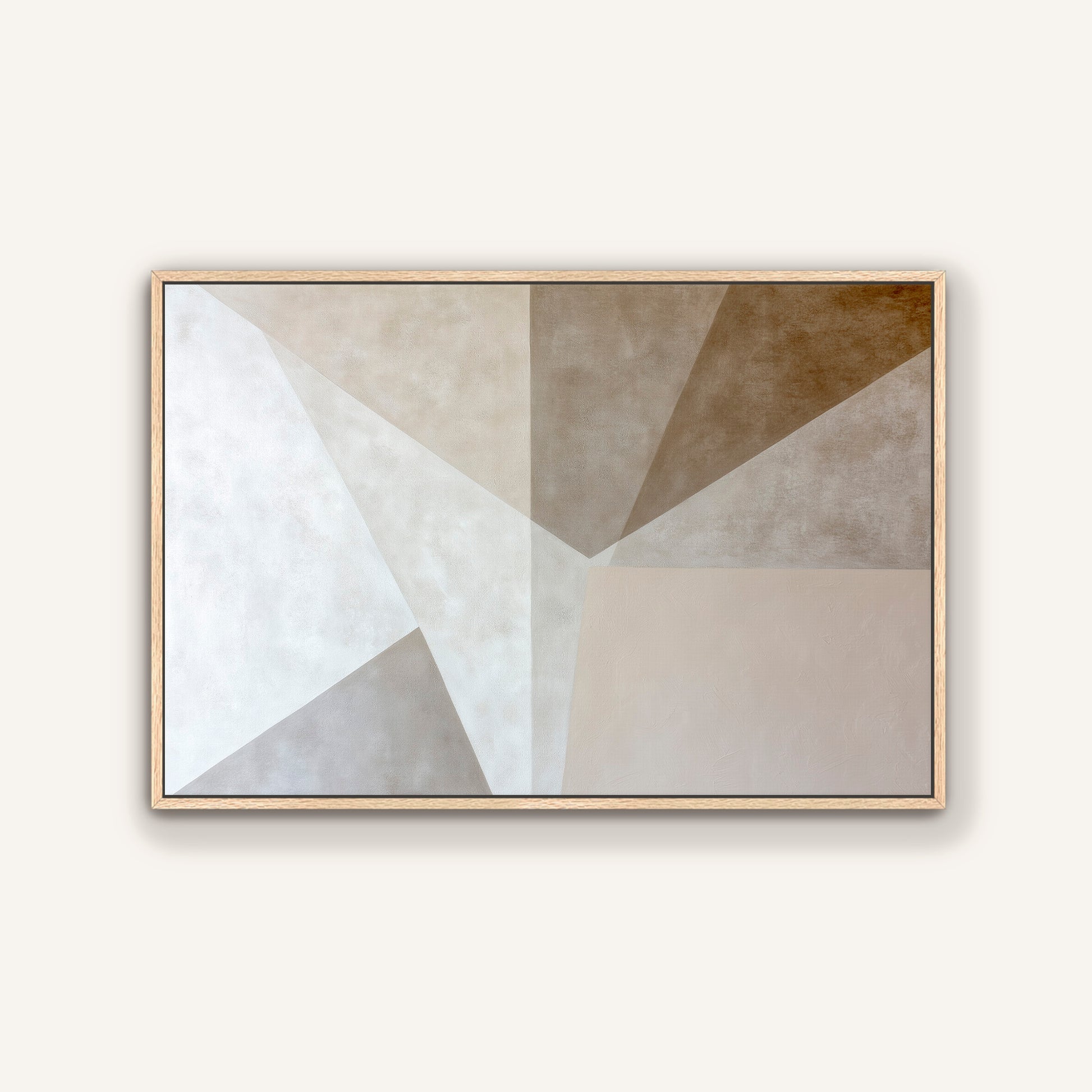The image is a framed abstract artwork featuring a geometric design with various shades of gray and brown.