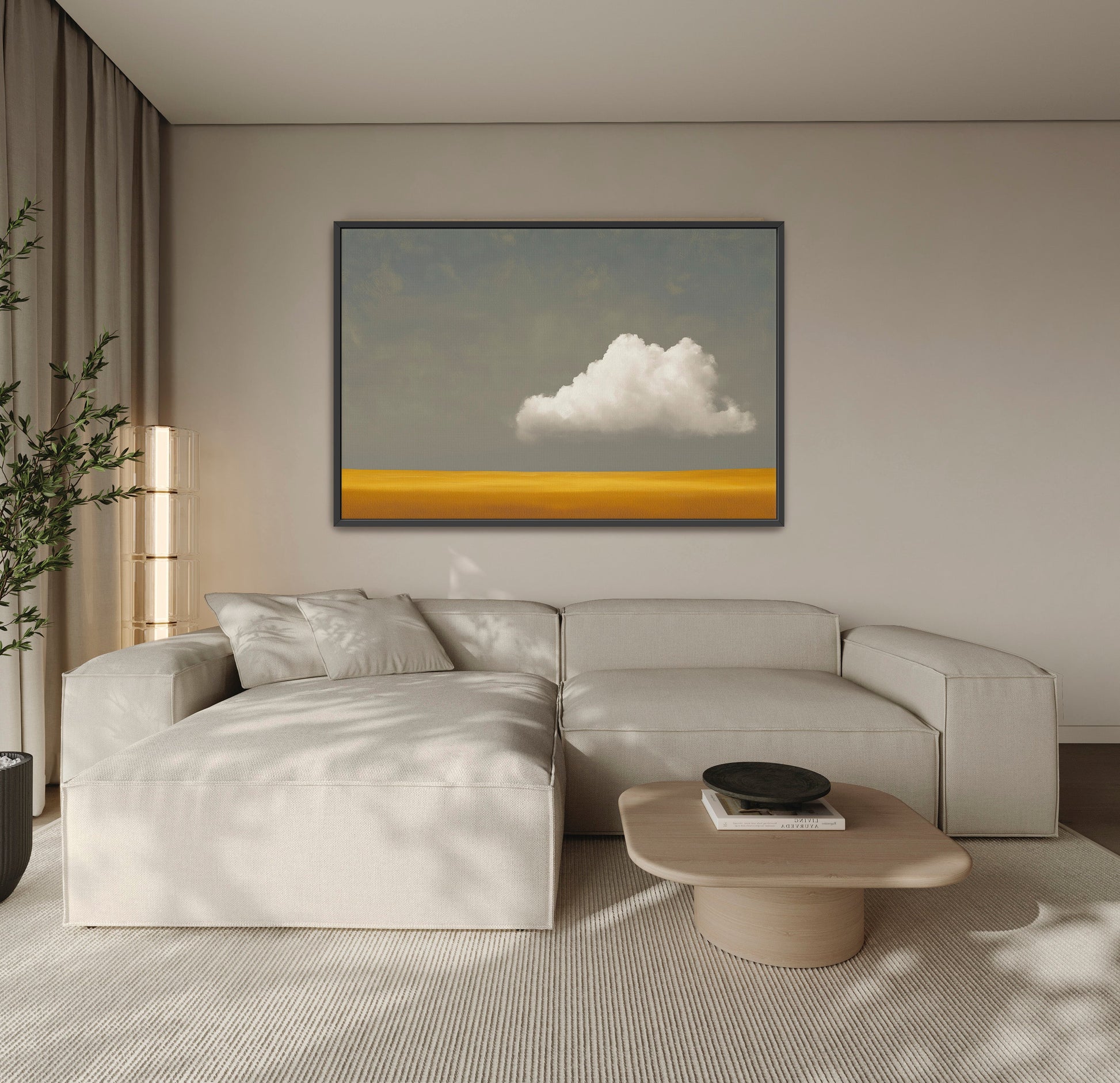 Mellow Canvas Print wall art with white cloud over golden plain in minimalist living room