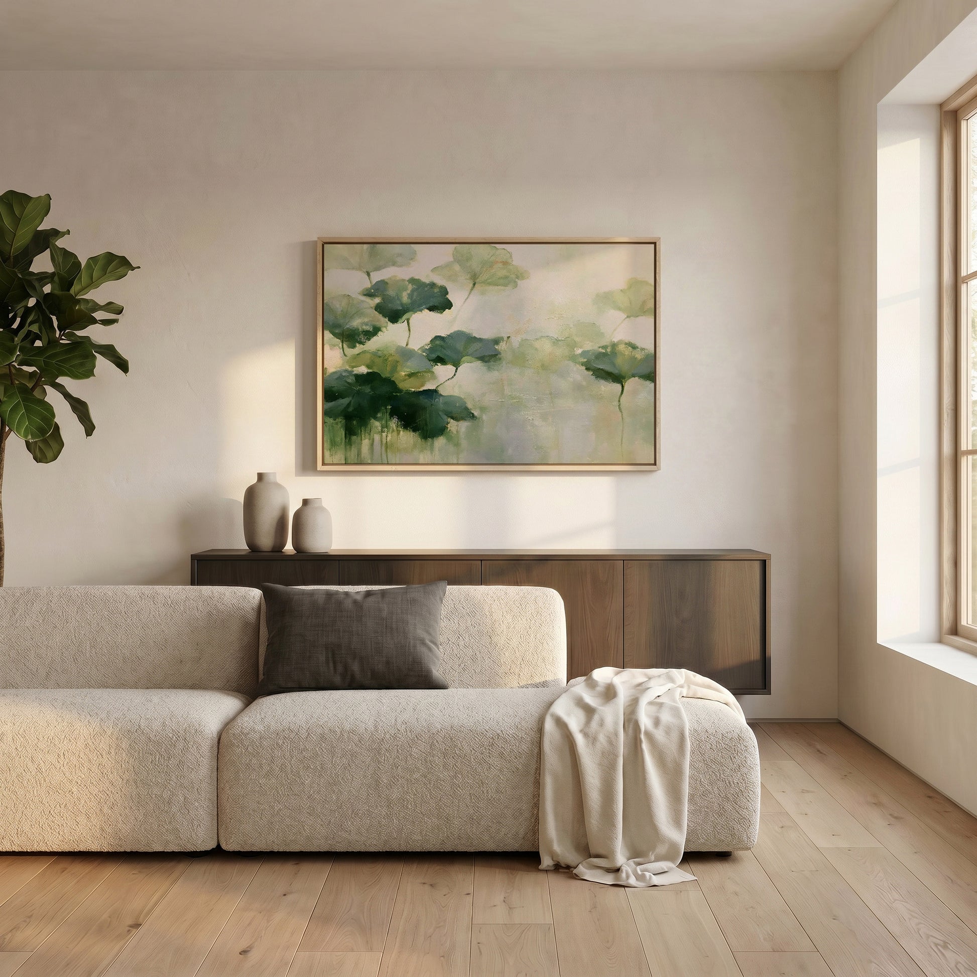 a serene living room with a large, light-colored sofa adorned with a gray throw blanket. Above the sofa, a large painting of green leaves hangs on the wall, adding a touch of nature to the space. The room is well-lit, with natural light streaming in from a window on the right side.