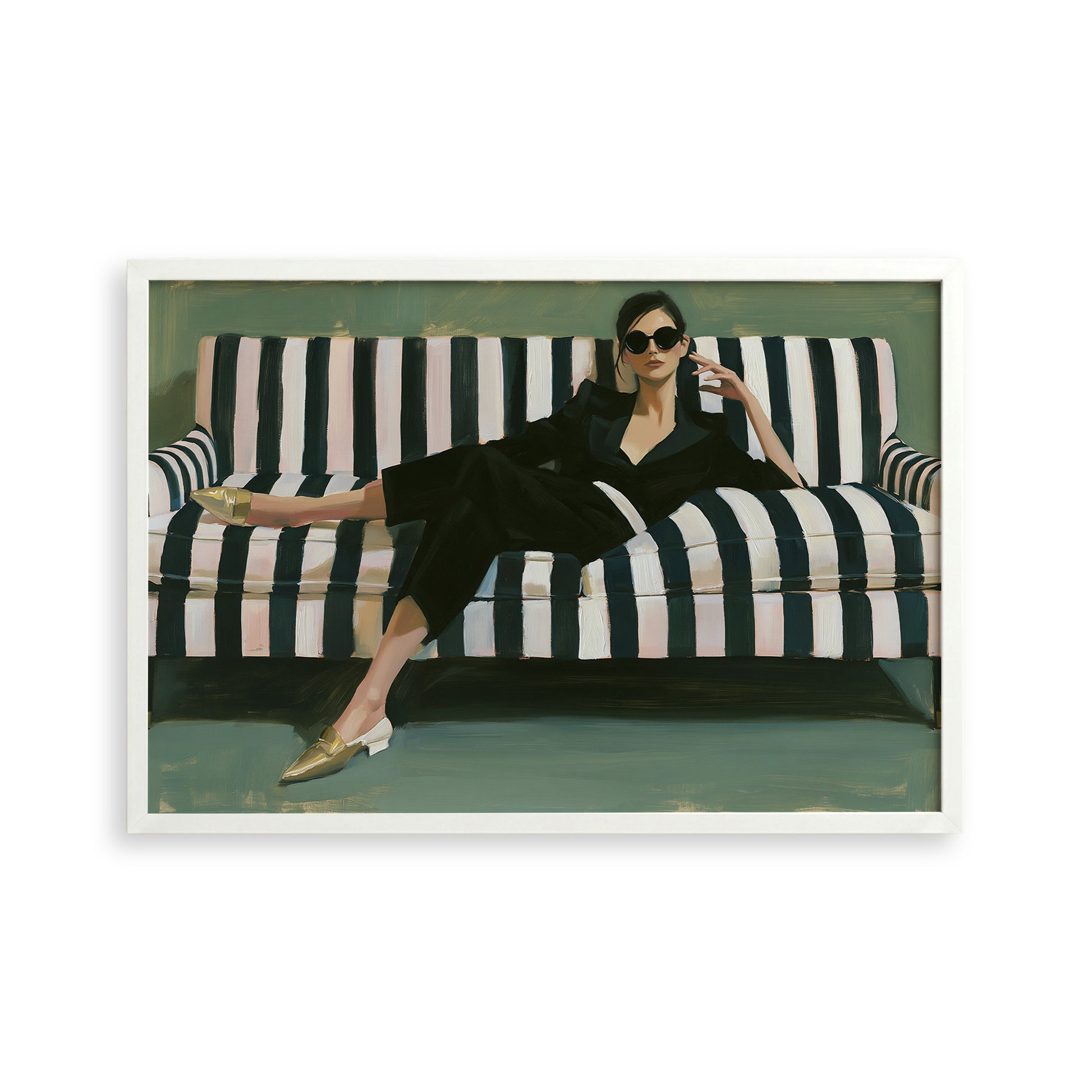 A woman in a black jumpsuit and gold shoes is sitting on a striped couch, with her legs crossed and her hand resting on her chin.