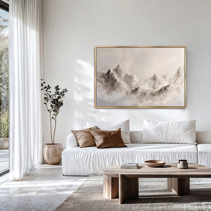 a modern living room with a large white sofa, a wooden coffee table, and a framed landscape painting hanging on the wall.