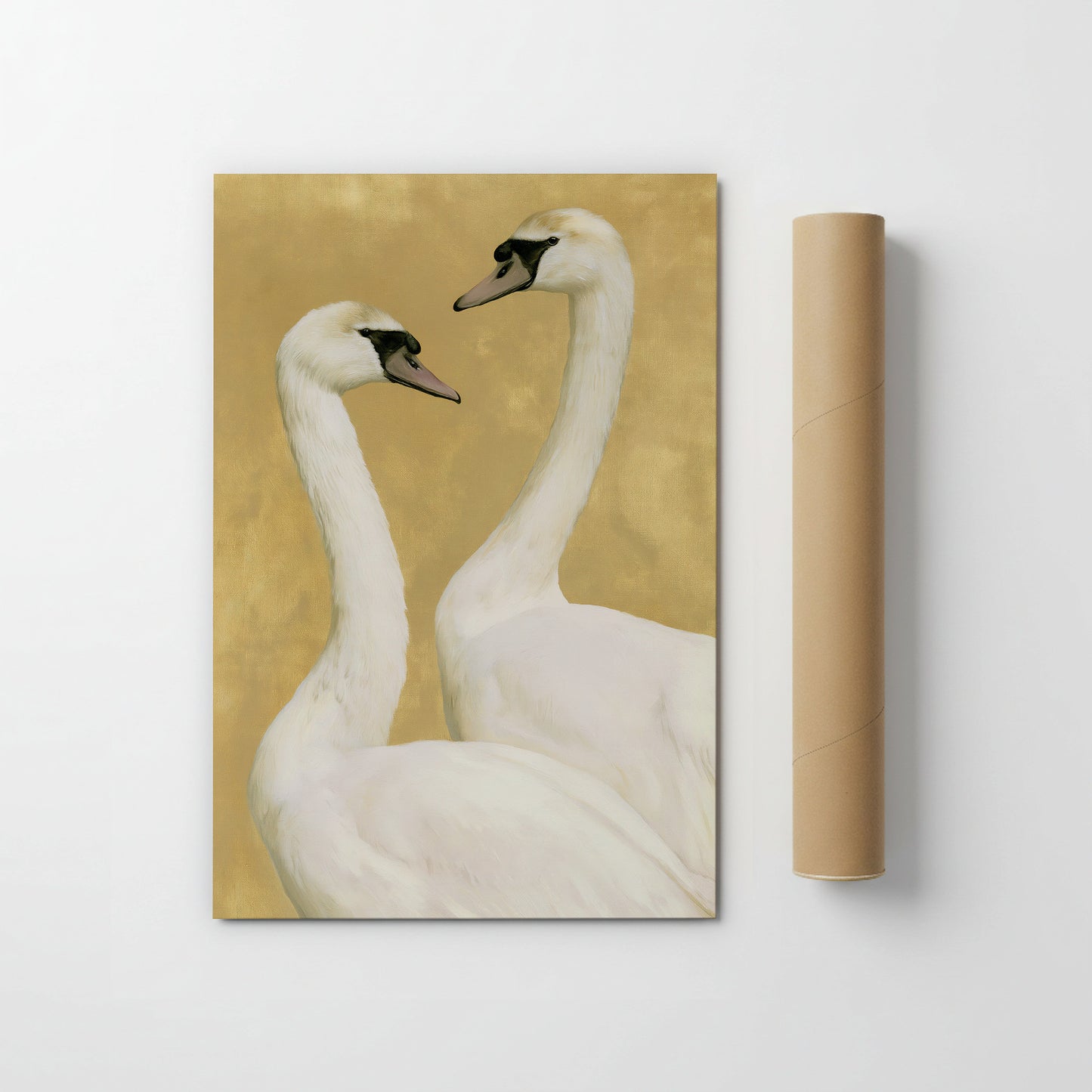 A pair of elegant white swans standing close together against a golden background.