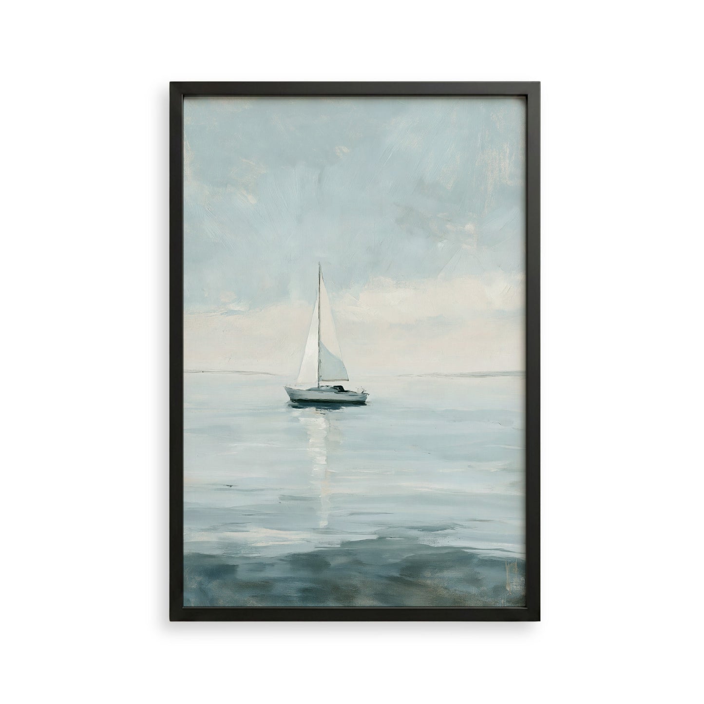 A framed painting depicting a sailboat on a calm body of water, with a cloudy sky in the background.