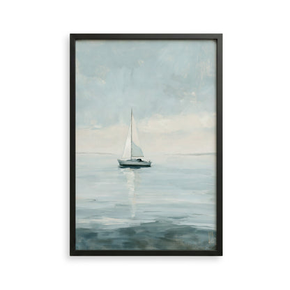 A framed painting depicting a sailboat on a calm body of water, with a cloudy sky in the background.