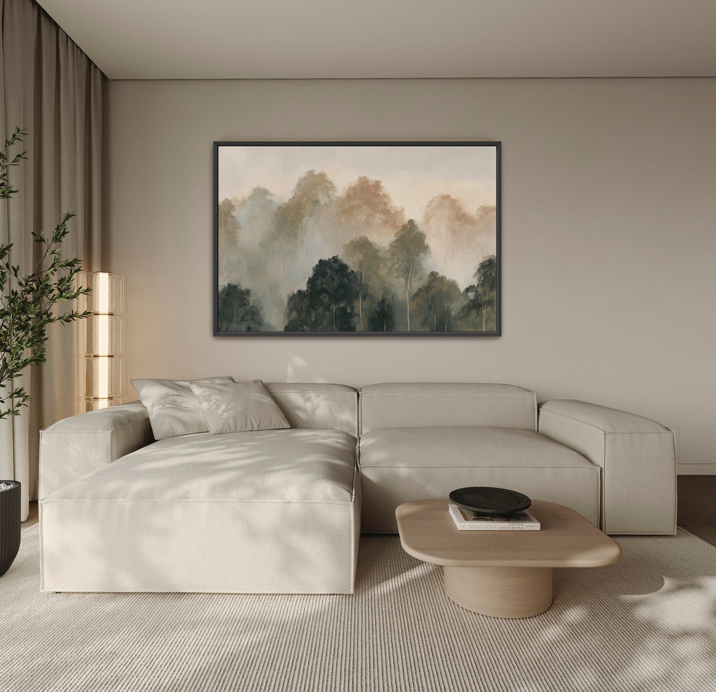 Fable Canvas Print hanging above beige sectional sofa in modern living room with misty layered treetop art in muted olive and ivory tones
