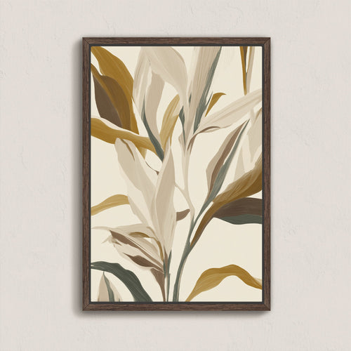 Lilt Canvas Print featuring abstract botanical leaves in gold, taupe, and sage tones with a dark wood frame