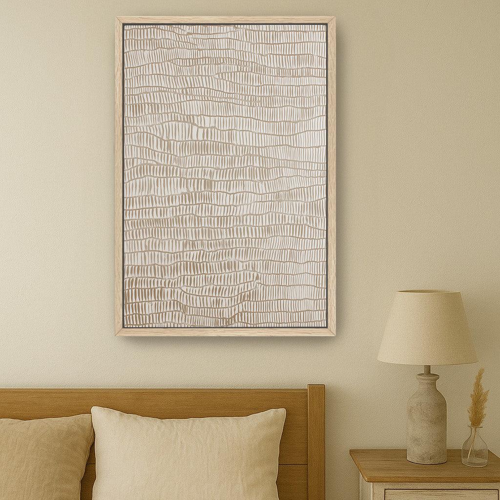 a serene bedroom scene with a bed, a nightstand, and a framed abstract artwork hanging on the wall above the bed.