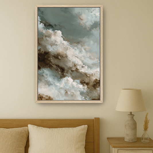 a serene bedroom scene with a large framed painting of a cloudy sky hanging on the wall above a bed with a wooden headboard.